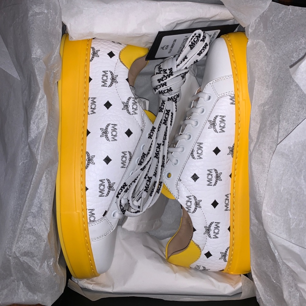 MCM White & Yellow Logo Low-Top Sneakers - Picture 2 of 12